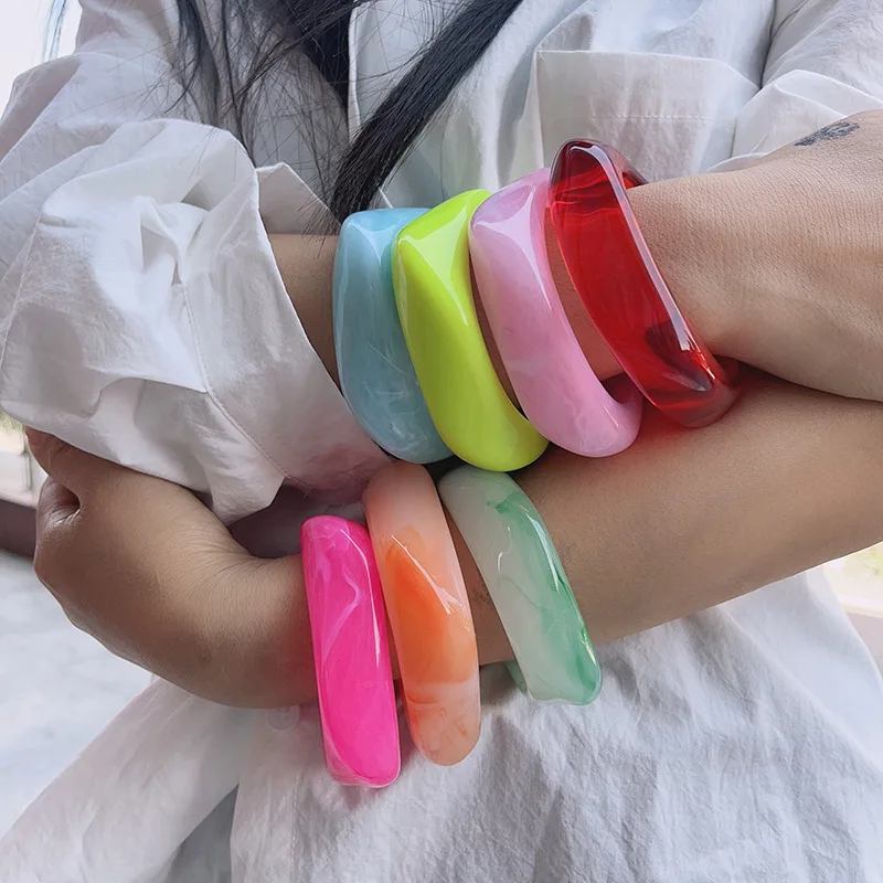 Exaggerated Acrylic Round Chunky Bangle Women Gold Color Glitter Resin Irregular Square Wide Hand Bracelet Trend Jewelry Gift
