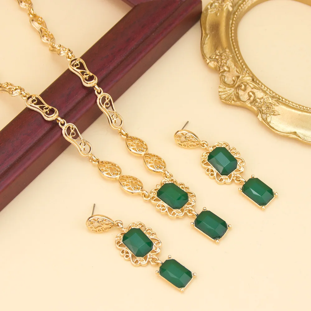 Morocco Style Necklace Earring Set For Women Luxury Arabic Red Green Crystal Square Pendant Neck Chian Bridal Jewelry