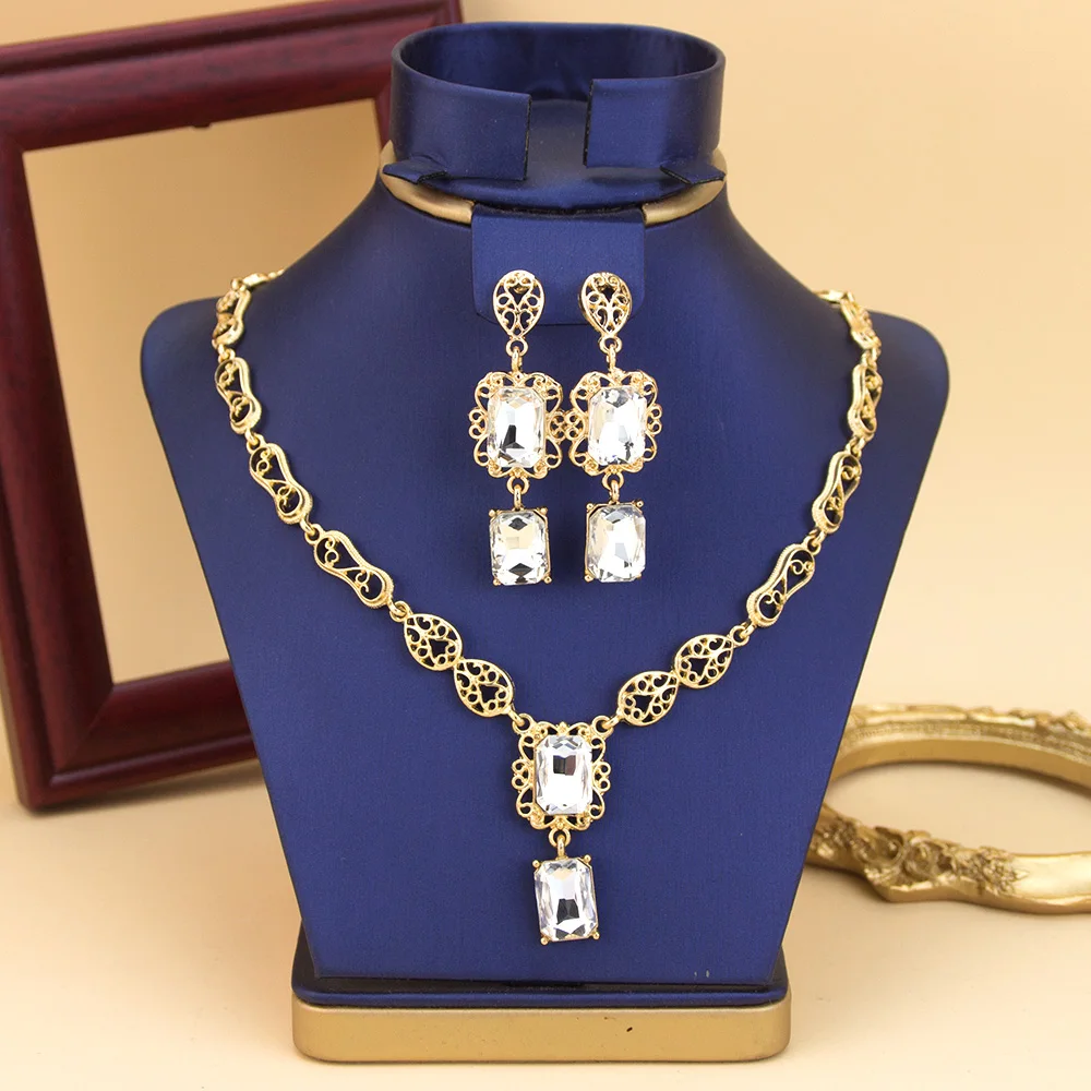 Morocco Style Necklace Earring Set For Women Luxury Arabic Red Green Crystal Square Pendant Neck Chian Bridal Jewelry