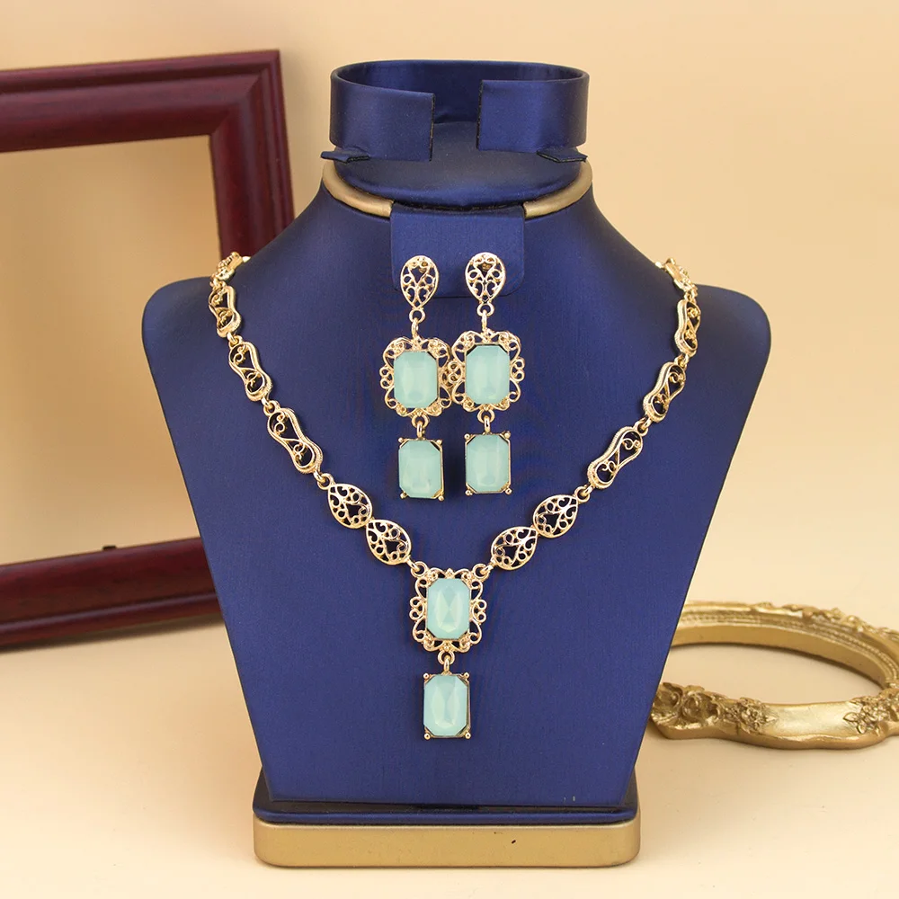 Morocco Style Necklace Earring Set For Women Luxury Arabic Red Green Crystal Square Pendant Neck Chian Bridal Jewelry