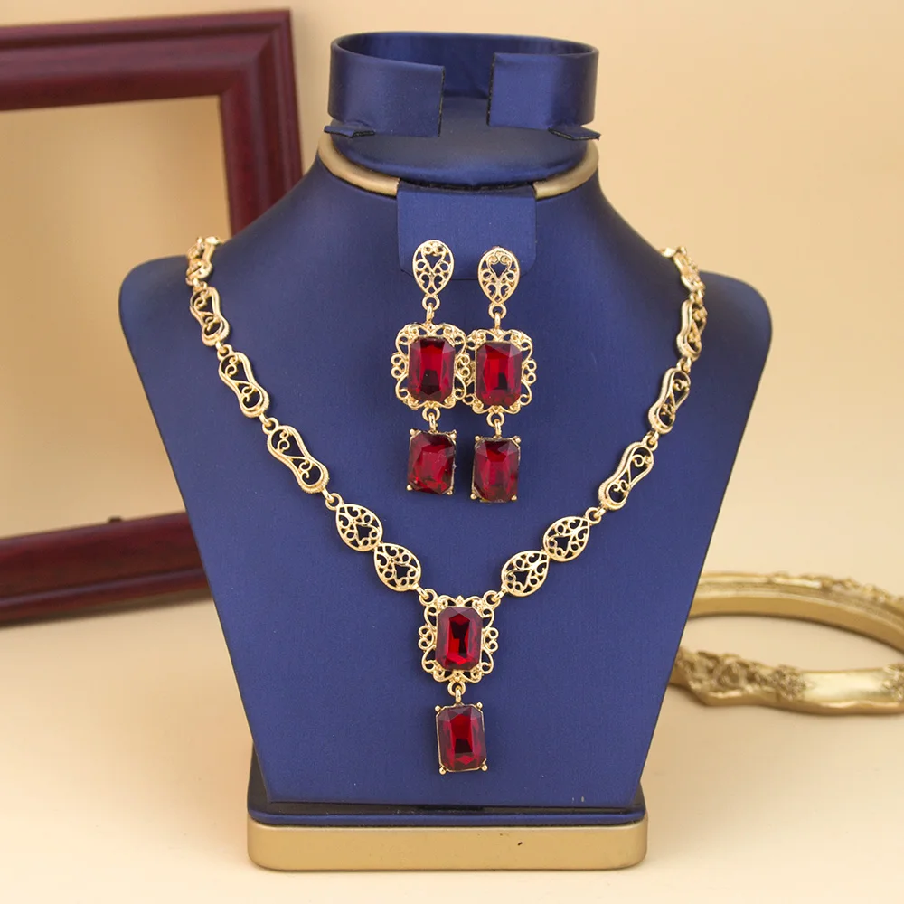 Morocco Style Necklace Earring Set For Women Luxury Arabic Red Green Crystal Square Pendant Neck Chian Bridal Jewelry