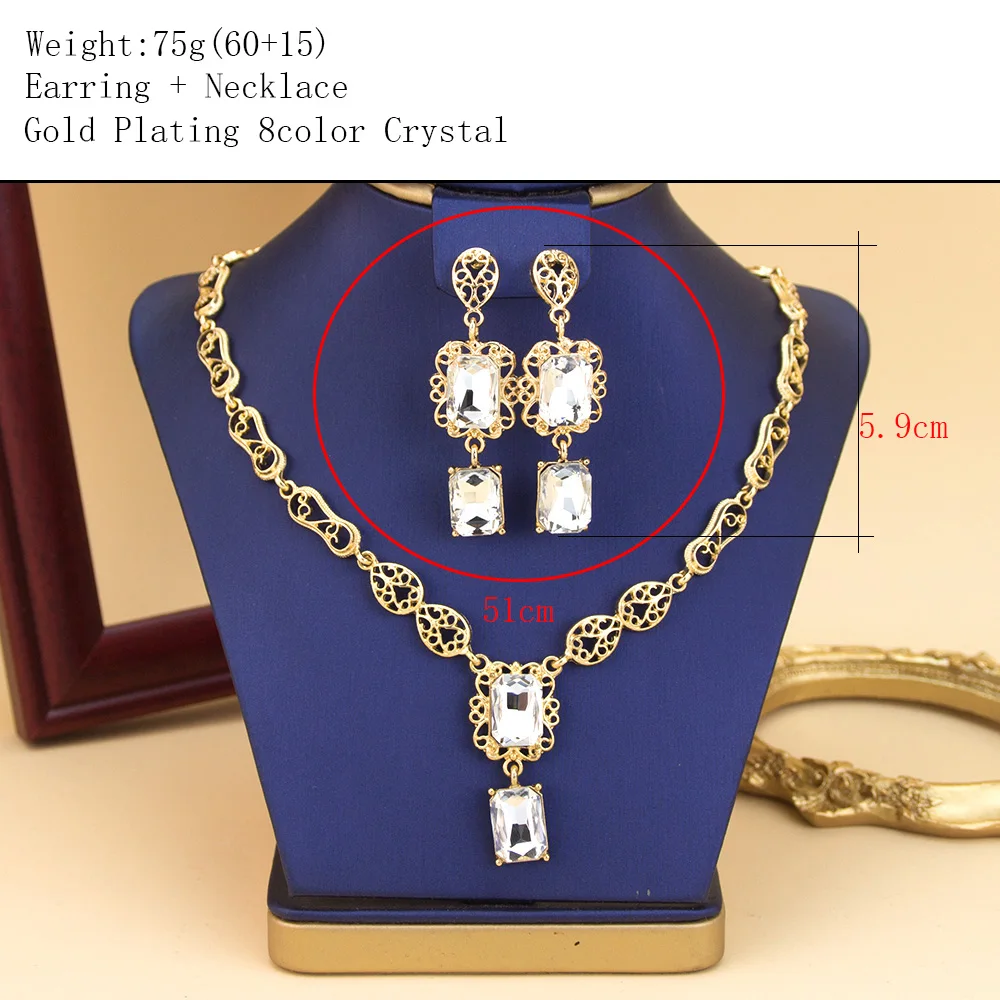 Morocco Style Necklace Earring Set For Women Luxury Arabic Red Green Crystal Square Pendant Neck Chian Bridal Jewelry