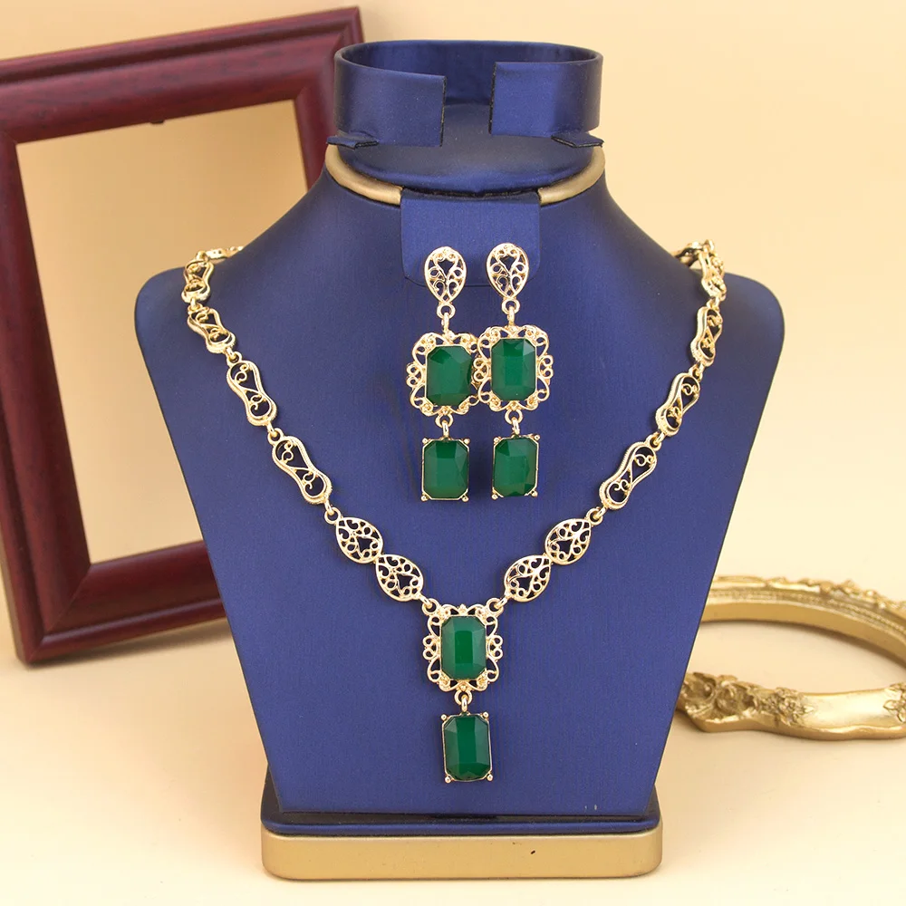 Morocco Style Necklace Earring Set For Women Luxury Arabic Red Green Crystal Square Pendant Neck Chian Bridal Jewelry
