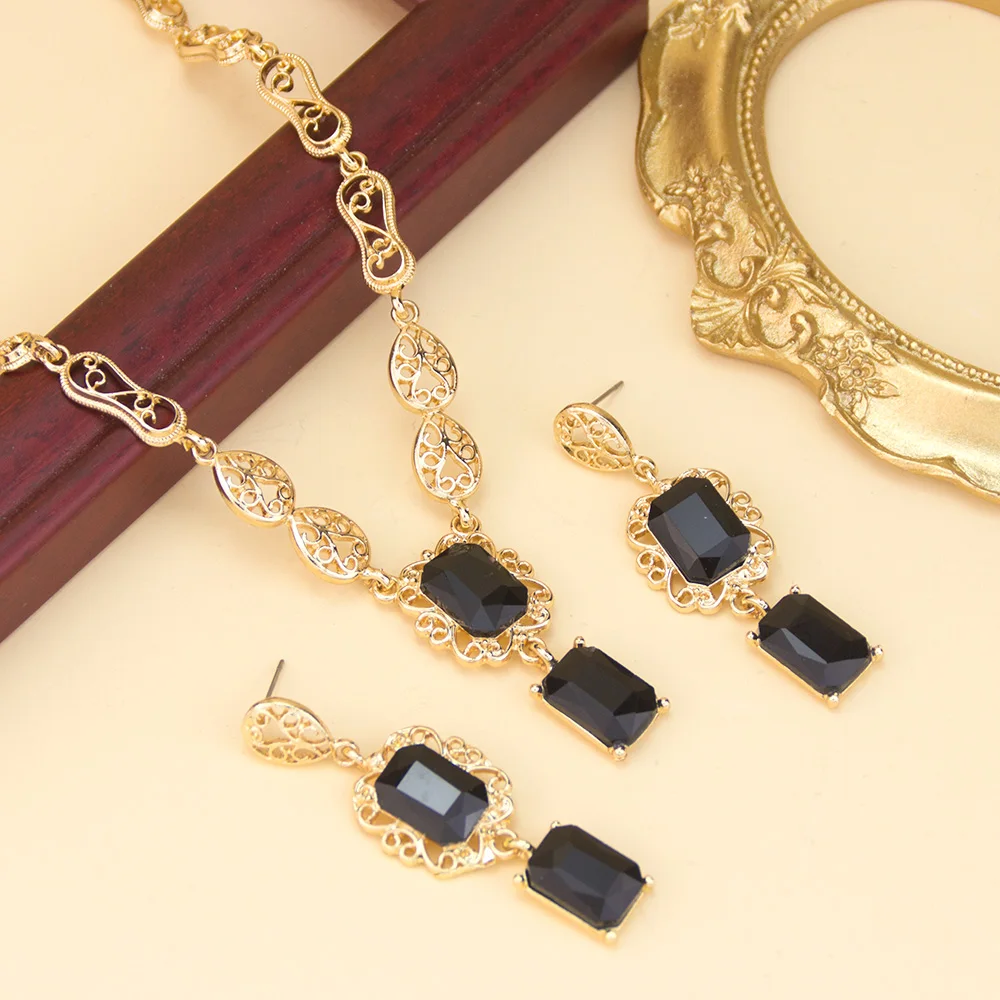 Morocco Style Necklace Earring Set For Women Luxury Arabic Red Green Crystal Square Pendant Neck Chian Bridal Jewelry