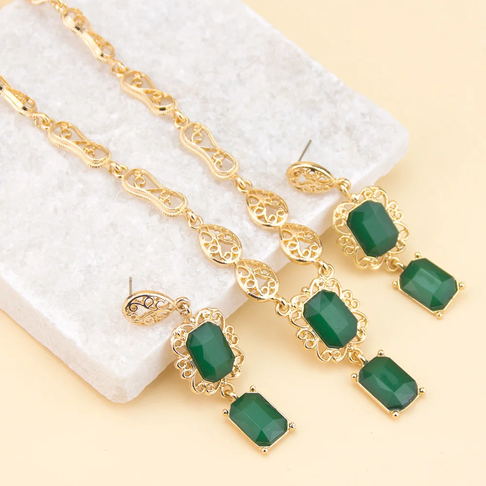 Morocco Style Necklace Earring Set For Women Luxury Arabic Red Green Crystal Square Pendant Neck Chian Bridal Jewelry