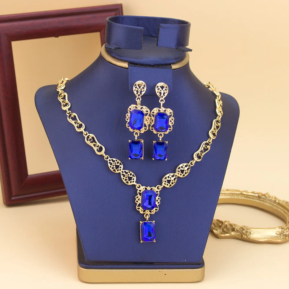 Morocco Style Necklace Earring Set For Women Luxury Arabic Red Green Crystal Square Pendant Neck Chian Bridal Jewelry