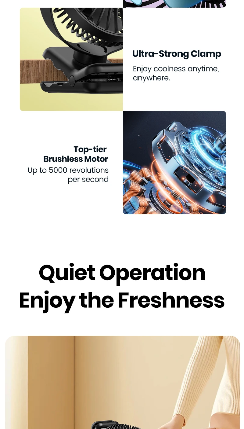 TOPK USB Clip on Desk Fan Brushless Motor Powerful Airflow Sturdy Clamp Ultra Quiet Portable Mini Personal Fan Office Bedroom