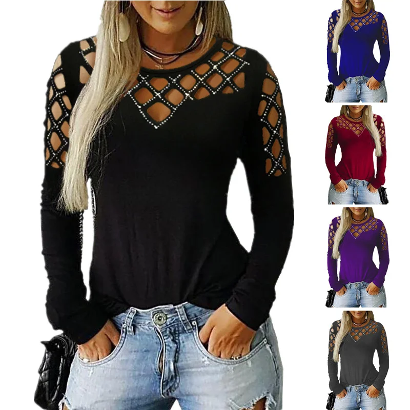 Big Size Women's Hollow Hot Drilling Long Sleeve T-Shirt Tops Women