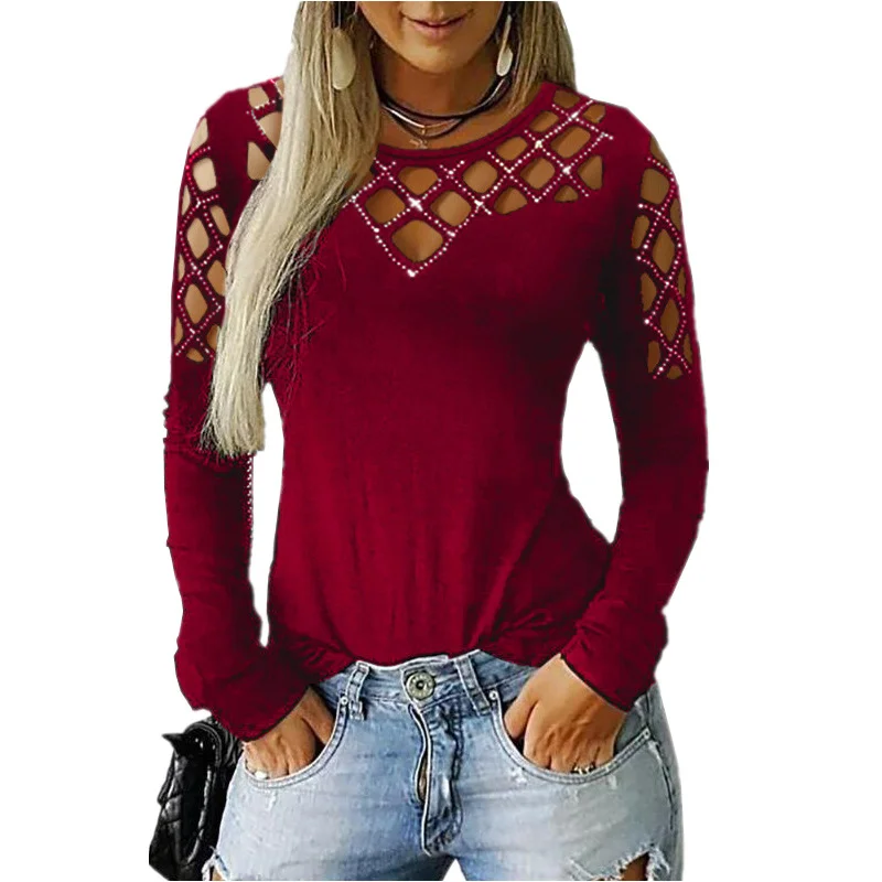 Big Size Women's Hollow Hot Drilling Long Sleeve T-Shirt Tops Women