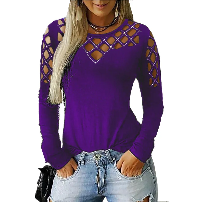 Big Size Women's Hollow Hot Drilling Long Sleeve T-Shirt Tops Women
