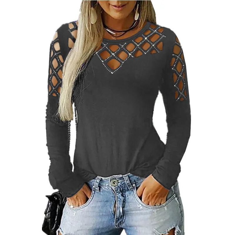 Big Size Women's Hollow Hot Drilling Long Sleeve T-Shirt Tops Women