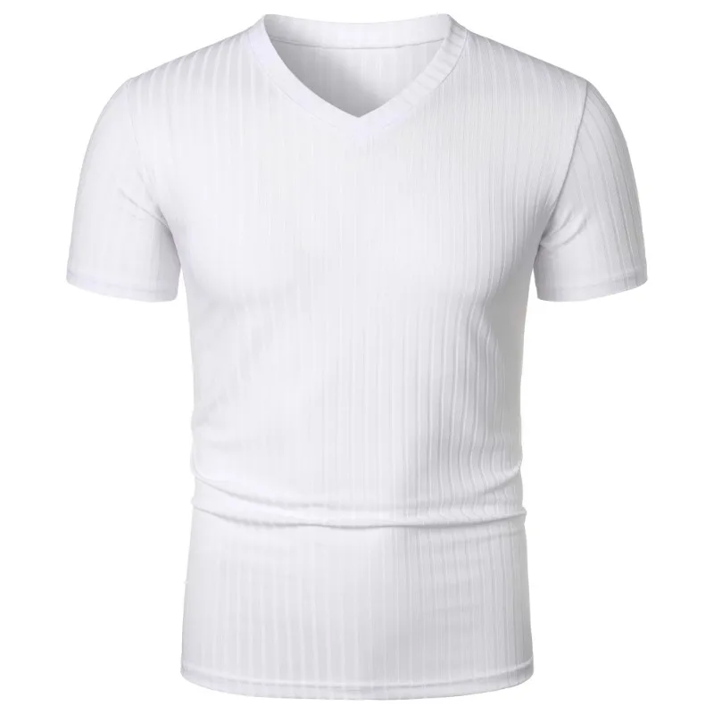 Summer Men's Short Sleeve Muscle T Shirts Stretch V Neck Bodybuilding Lightweight Streetwear Workout Tee Shirts Ribbed Shirt