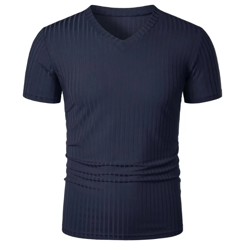 Summer Men's Short Sleeve Muscle T Shirts Stretch V Neck Bodybuilding Lightweight Streetwear Workout Tee Shirts Ribbed Shirt