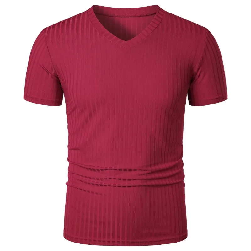 Summer Men's Short Sleeve Muscle T Shirts Stretch V Neck Bodybuilding Lightweight Streetwear Workout Tee Shirts Ribbed Shirt