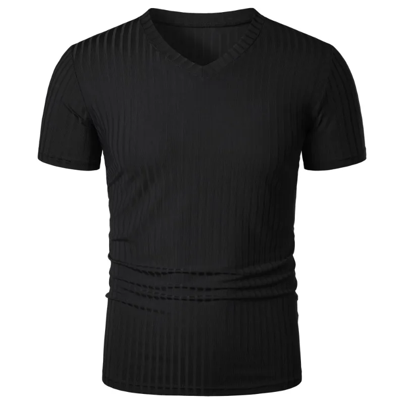 Summer Men's Short Sleeve Muscle T Shirts Stretch V Neck Bodybuilding Lightweight Streetwear Workout Tee Shirts Ribbed Shirt