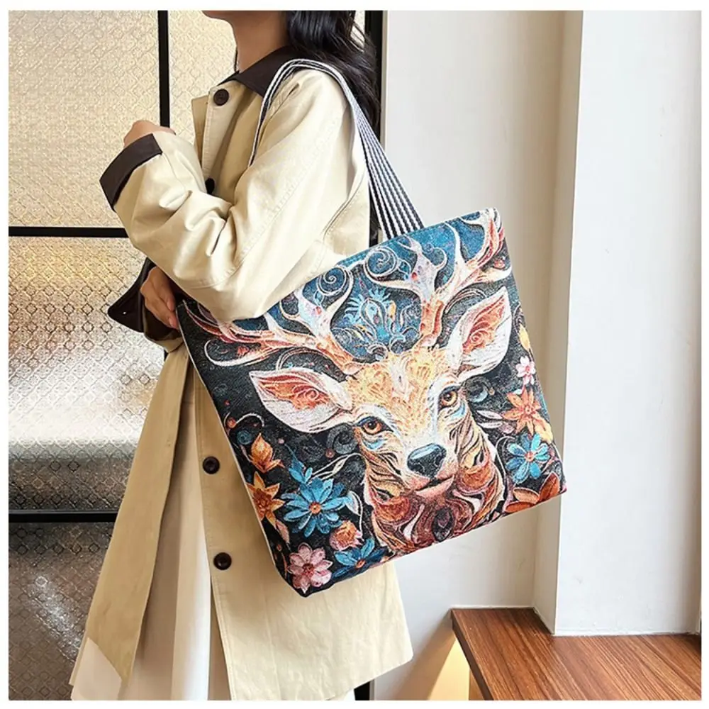 Retro Embroidery Women Handbag Linen Ethnic Style Shoulder Bag Tote Bag