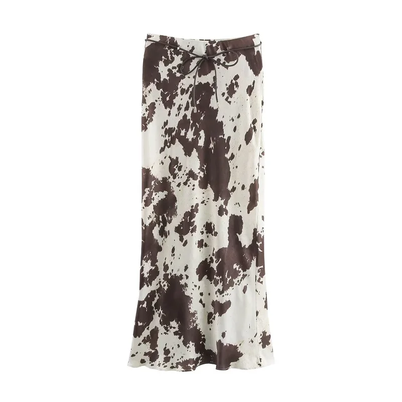 MUJER Print Satin Long Skirts for Women High Waist Midi Skirt Woman Spring Belt Women's Skirt Cylinder Vintage Women Skirt Sets