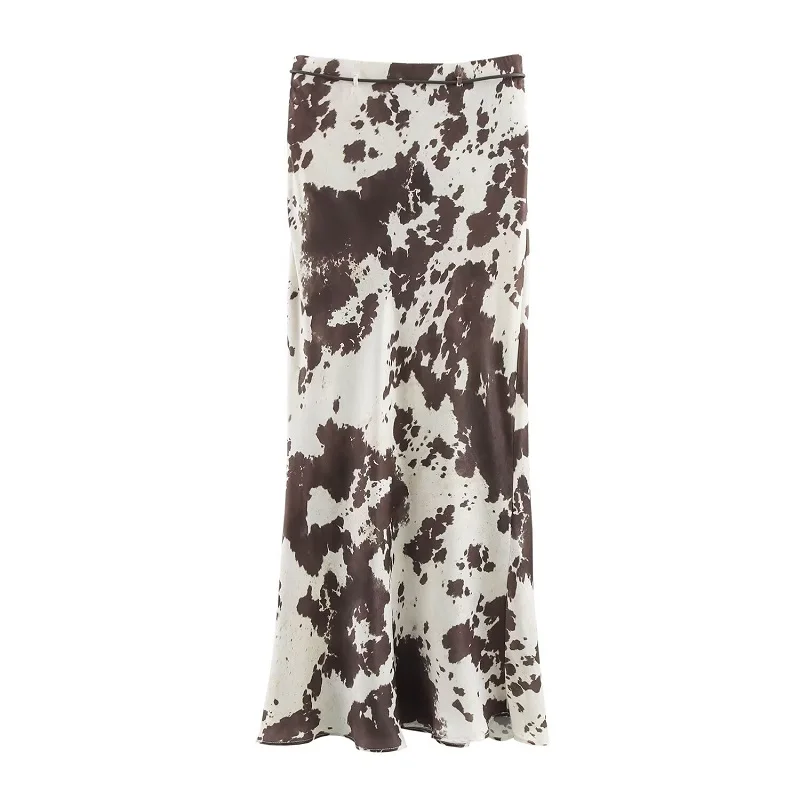 MUJER Print Satin Long Skirts for Women High Waist Midi Skirt Woman Spring Belt Women's Skirt Cylinder Vintage Women Skirt Sets