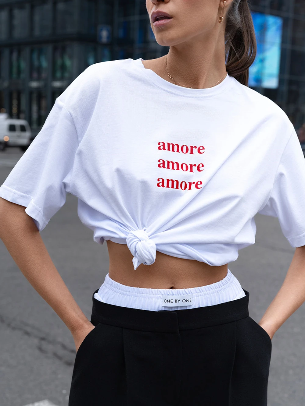 Red Oversized T-Shirt with Amore Print Women's T-Shirt Cotton Simple Design Summer Fashion Tee Boutique Drop Sleeve