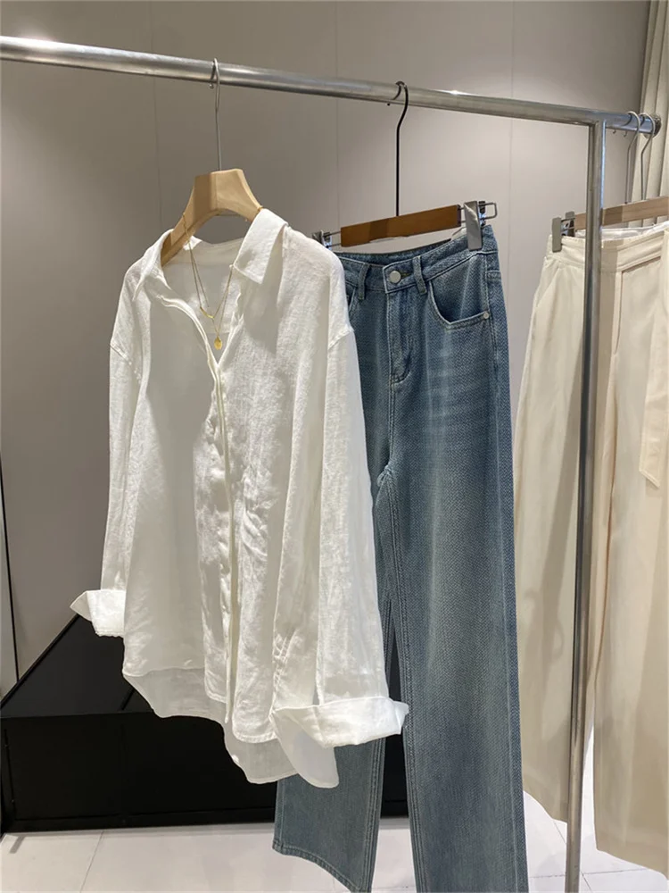 Botvotee Women's White Linen Shirt Lightweight Long Sleeve Elegant Oversize Blouse Vintage Spring Summer Tops Cotton Linen Shirt