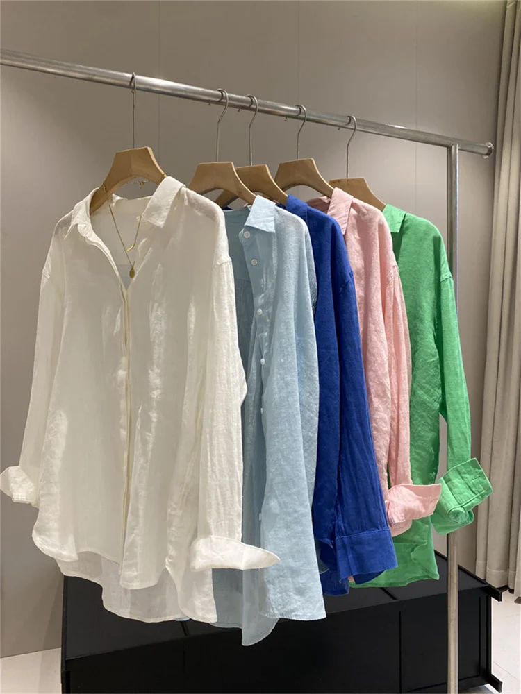 Botvotee Women's White Linen Shirt Lightweight Long Sleeve Elegant Oversize Blouse Vintage Spring Summer Tops Cotton Linen Shirt