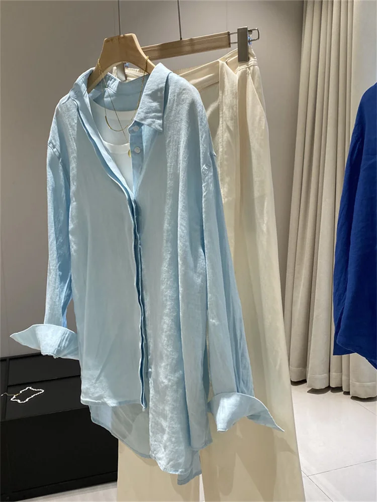 Botvotee Women's White Linen Shirt Lightweight Long Sleeve Elegant Oversize Blouse Vintage Spring Summer Tops Cotton Linen Shirt