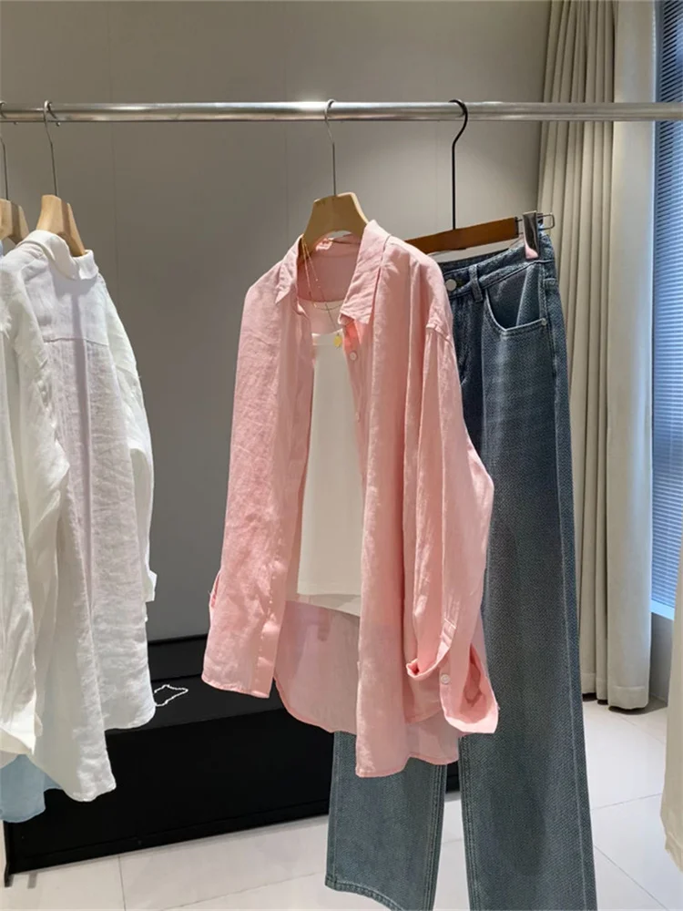 Botvotee Women's White Linen Shirt Lightweight Long Sleeve Elegant Oversize Blouse Vintage Spring Summer Tops Cotton Linen Shirt