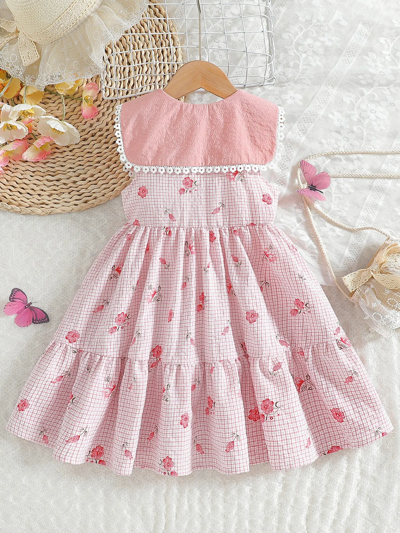 Dresses for Girl Summer Sleeveless Square Collar Print Floral Children's Dress Fashion Streetwear Costume