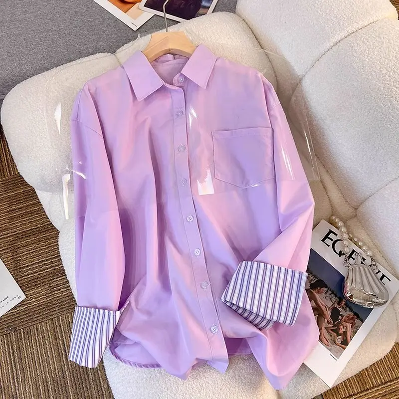 New In Clothing Top Turn-down Neck Purple Patchwork Striped Long Sleeved Casual Single Breasted Ins Women Loose Shirt And Blouse