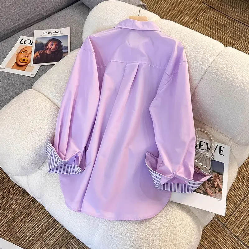 New In Clothing Top Turn-down Neck Purple Patchwork Striped Long Sleeved Casual Single Breasted Ins Women Loose Shirt And Blouse
