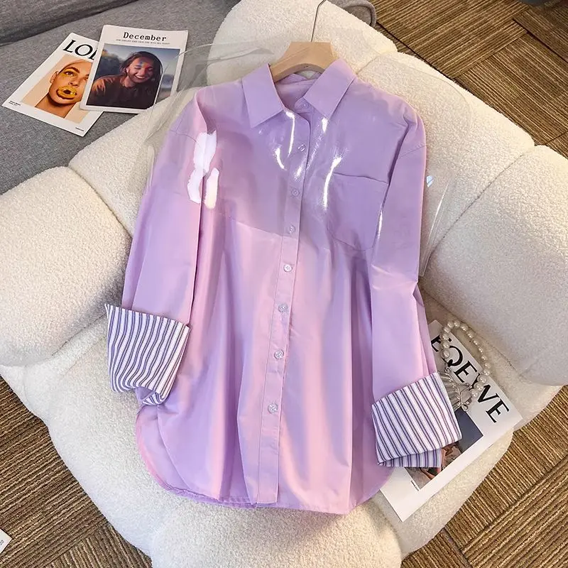 New In Clothing Top Turn-down Neck Purple Patchwork Striped Long Sleeved Casual Single Breasted Ins Women Loose Shirt And Blouse