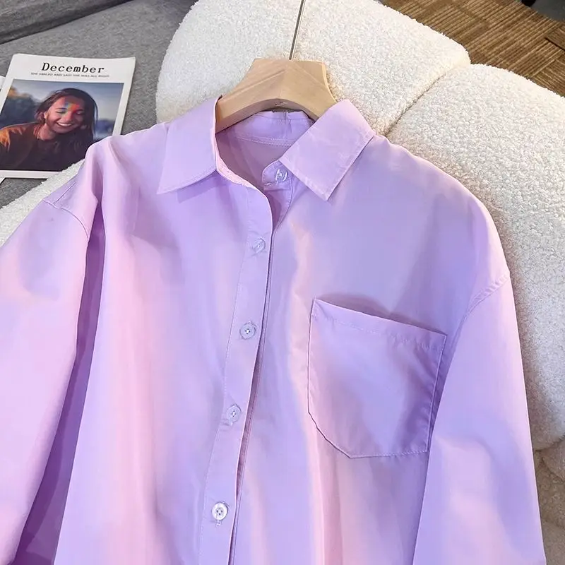 New In Clothing Top Turn-down Neck Purple Patchwork Striped Long Sleeved Casual Single Breasted Ins Women Loose Shirt And Blouse