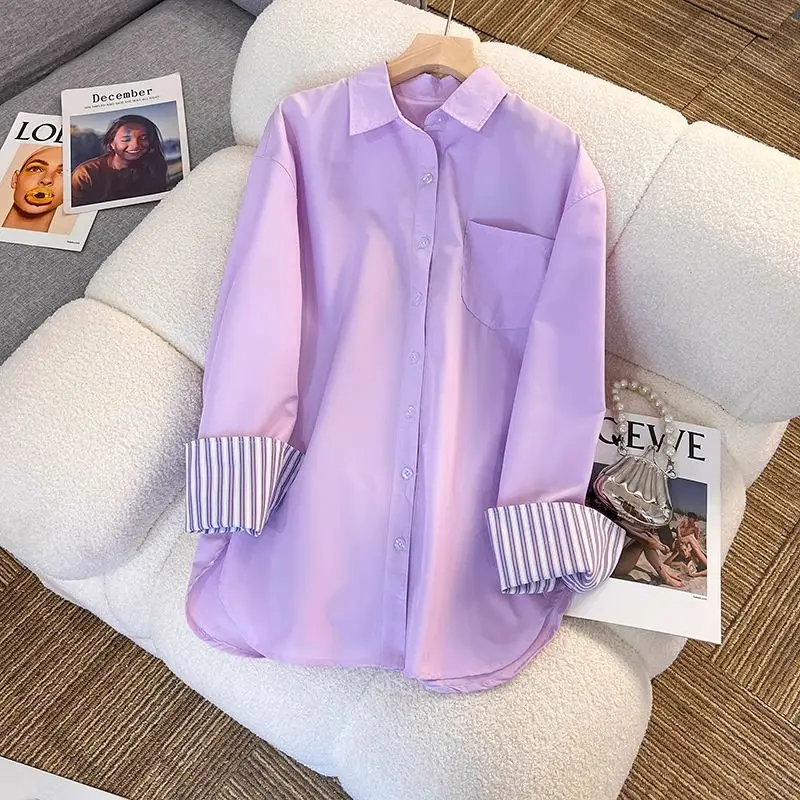 New In Clothing Top Turn-down Neck Purple Patchwork Striped Long Sleeved Casual Single Breasted Ins Women Loose Shirt And Blouse