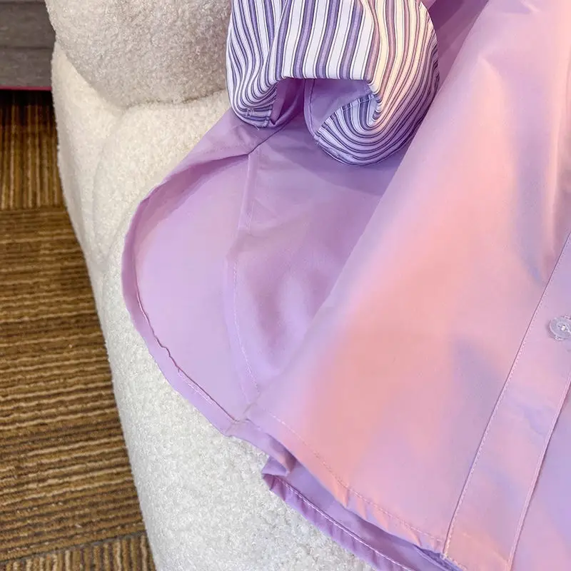 New In Clothing Top Turn-down Neck Purple Patchwork Striped Long Sleeved Casual Single Breasted Ins Women Loose Shirt And Blouse