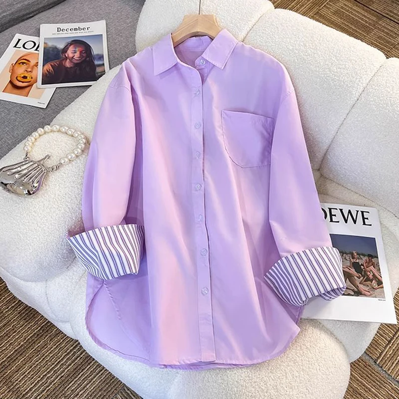 New In Clothing Top Turn-down Neck Purple Patchwork Striped Long Sleeved Casual Single Breasted Ins Women Loose Shirt And Blouse