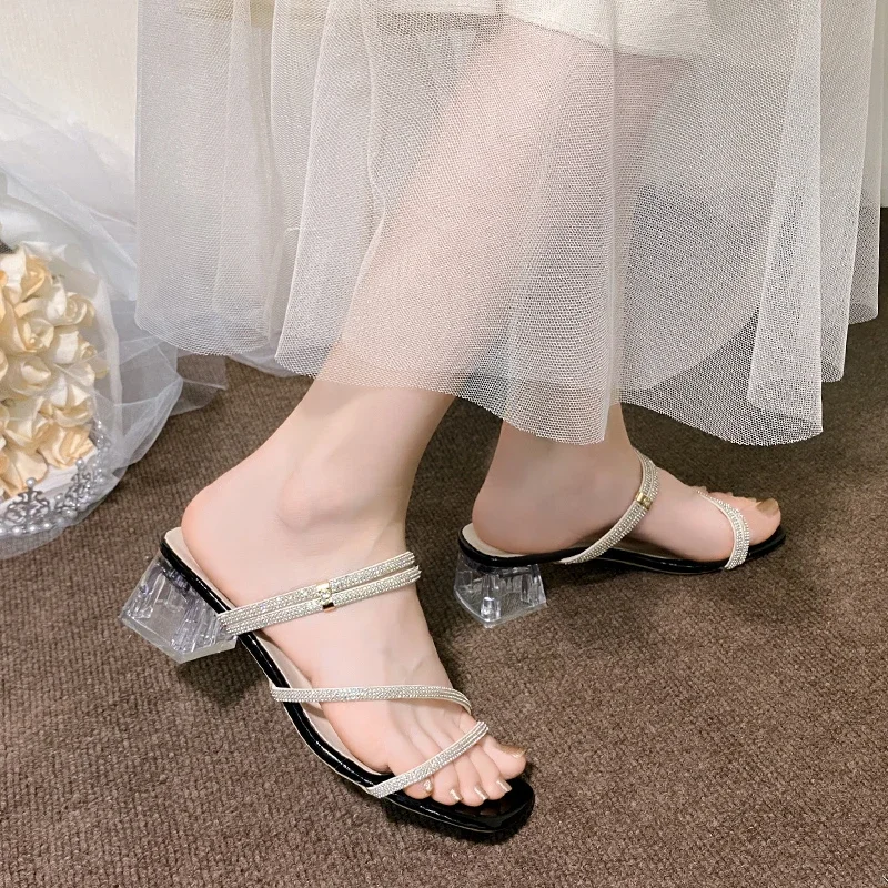2025 Summer New Rhinestone Fish Mouth Thick Heel Flip-flops High Heels Fashionable Sexy Banquet Sandals for Women