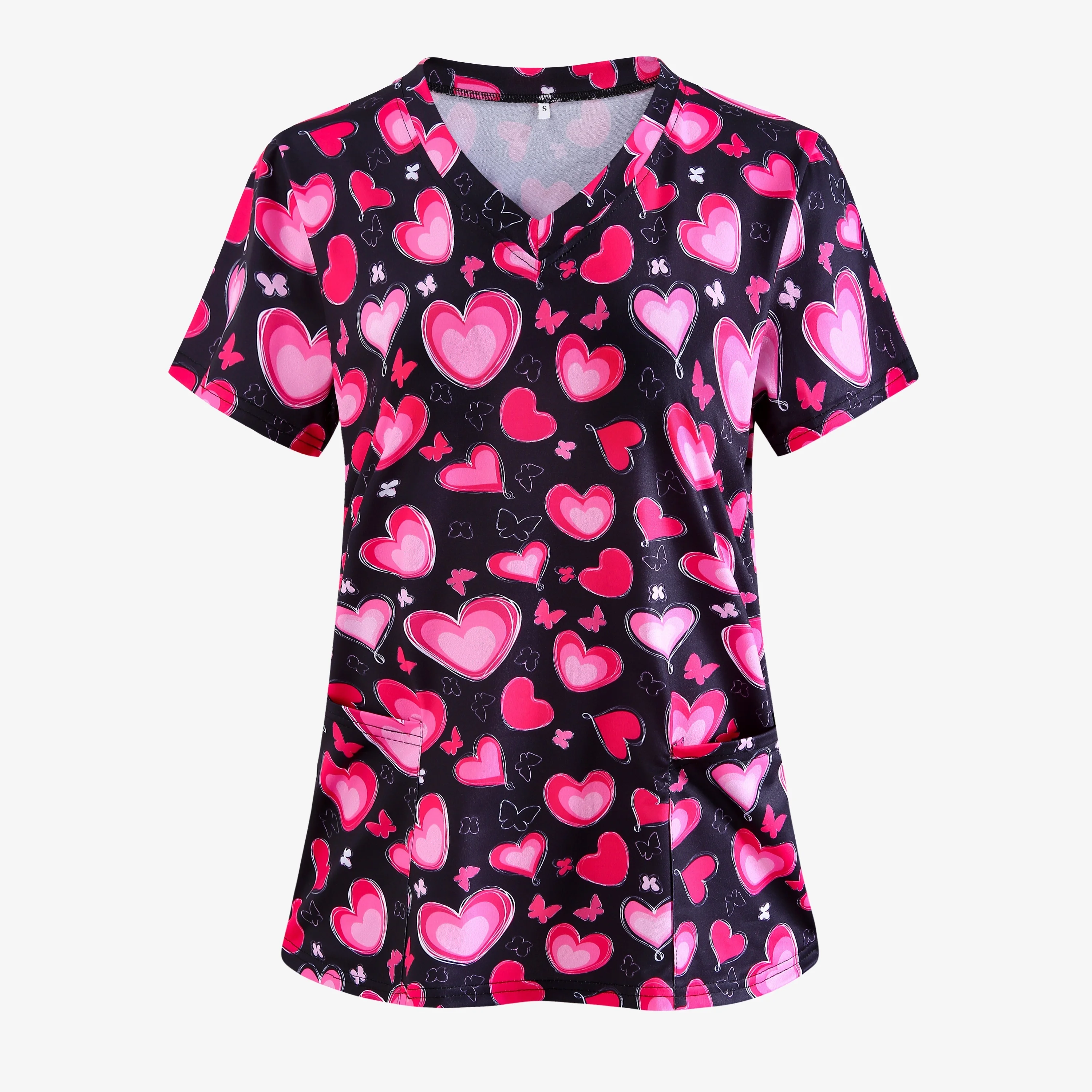 Women's Heart Shape Printed Surgical Gown Tops Short Sleeve V Neck Nurse Uniform Shirt with Pocket T-Shirt Nursing Work Tops
