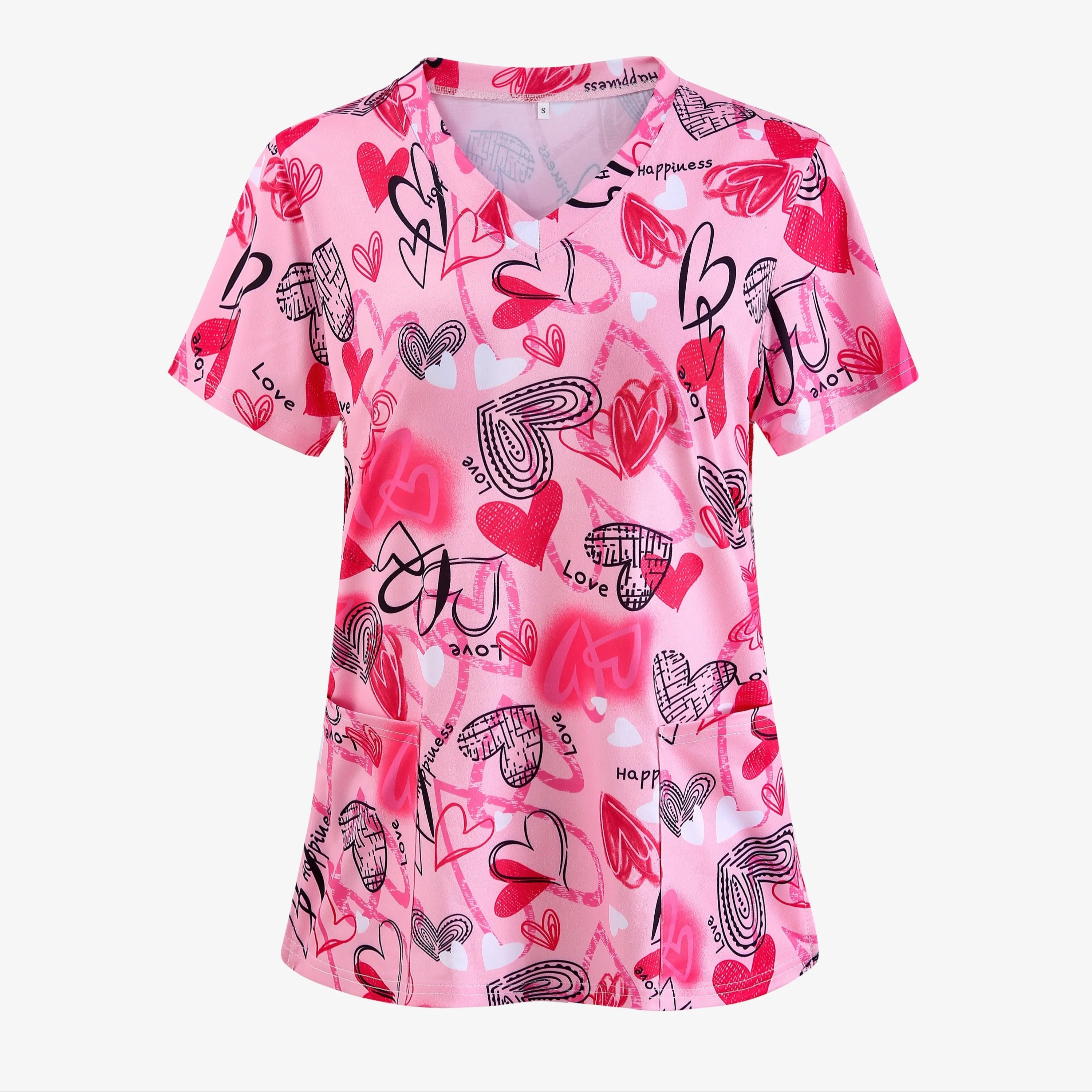 Women's Heart Shape Printed Surgical Gown Tops Short Sleeve V Neck Nurse Uniform Shirt with Pocket T-Shirt Nursing Work Tops