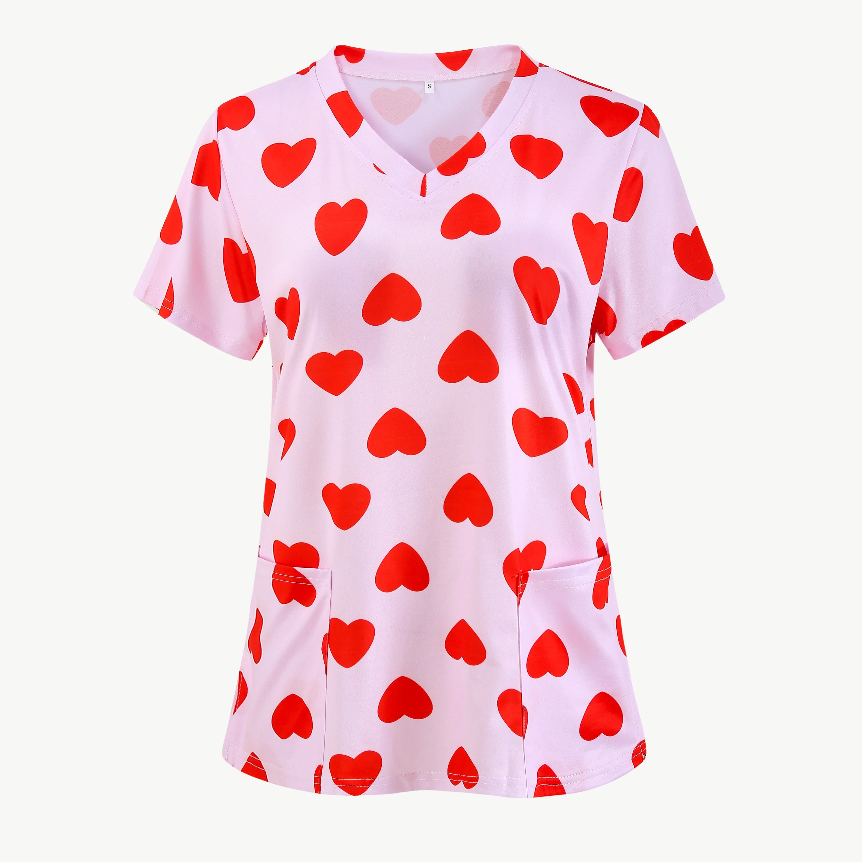 Women's Heart Shape Printed Surgical Gown Tops Short Sleeve V Neck Nurse Uniform Shirt with Pocket T-Shirt Nursing Work Tops
