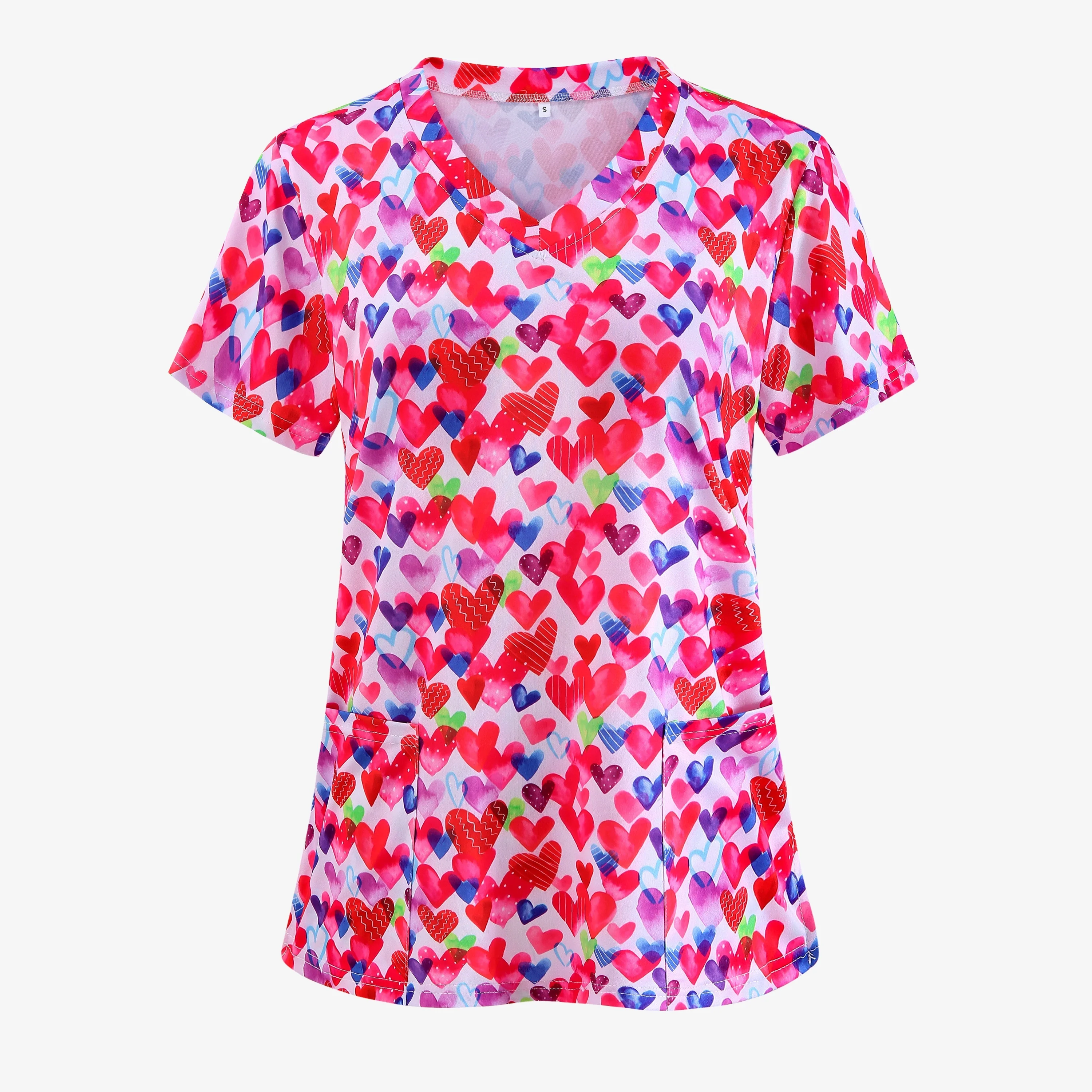 Women's Heart Shape Printed Surgical Gown Tops Short Sleeve V Neck Nurse Uniform Shirt with Pocket T-Shirt Nursing Work Tops