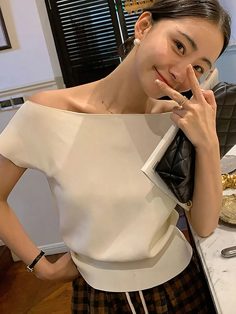 Ice Silk Knitted Off Shoulder Short Sleeve T Shirt Women Elegant Youth Summer Crop Top Korean Chic Holiday Lady Casual Tee 2025