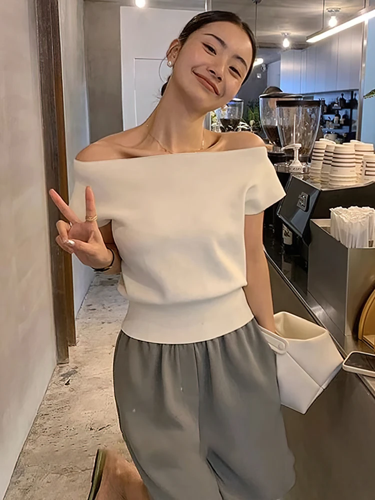 Ice Silk Knitted Off Shoulder Short Sleeve T Shirt Women Elegant Youth Summer Crop Top Korean Chic Holiday Lady Casual Tee 2025