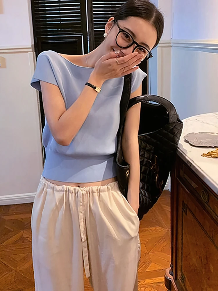 Ice Silk Knitted Off Shoulder Short Sleeve T Shirt Women Elegant Youth Summer Crop Top Korean Chic Holiday Lady Casual Tee 2025