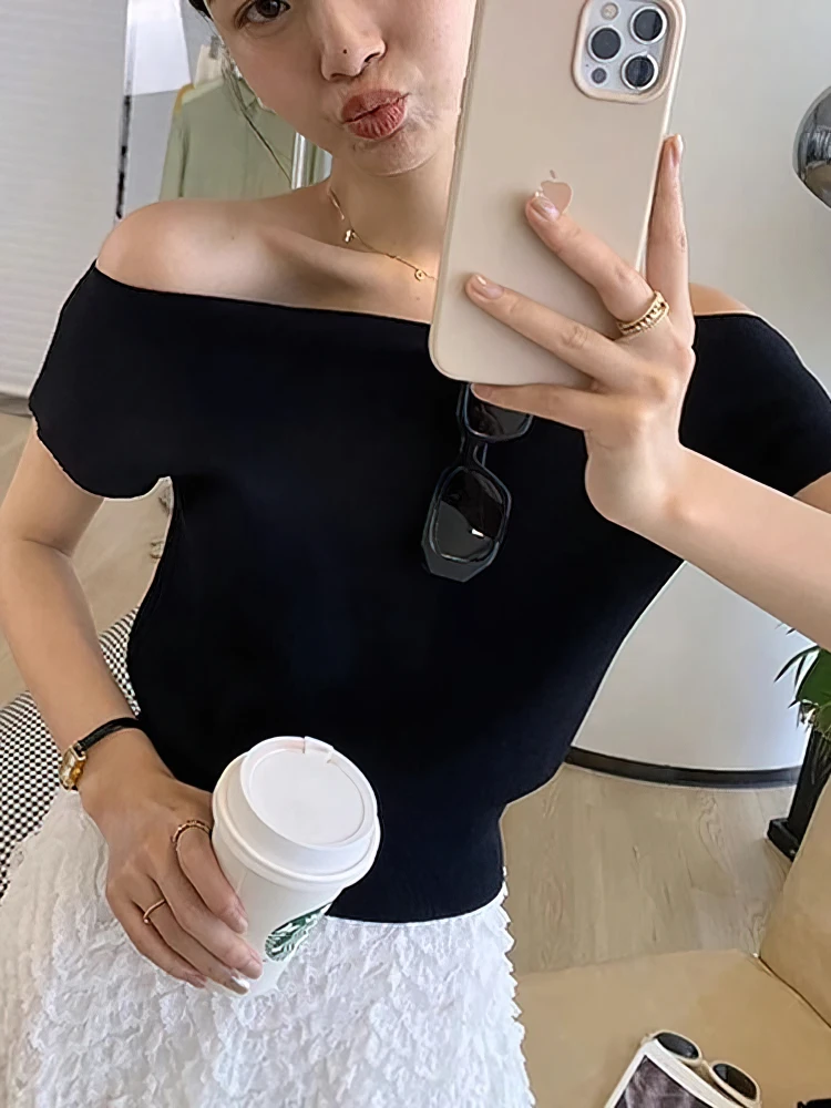Ice Silk Knitted Off Shoulder Short Sleeve T Shirt Women Elegant Youth Summer Crop Top Korean Chic Holiday Lady Casual Tee 2025