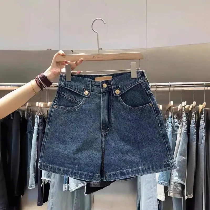 2025 Summer Denim Shorts Women's Trendy Versatile High-Waisted Loose-Fit Straight-Leg Casual Mid-Length Wide-Leg Vintage Pants