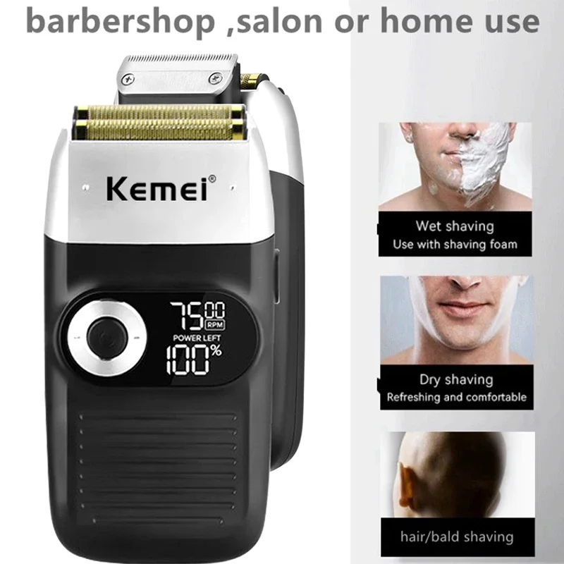 Kemei Cordless Electric Shaver for Men Twin Blade Reciprocating Rechargeable Beard Razor Face Care Multifunction Strong Trimmer