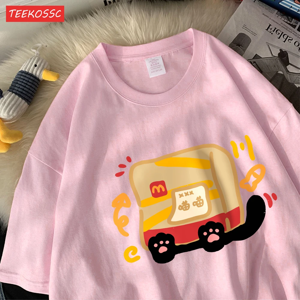 The Little Cat Covered By A Bagcotton Womens T-Shirts Cartoons Printed T Shirts Loose O-Neck Soft Tops Summer Casual Clothes