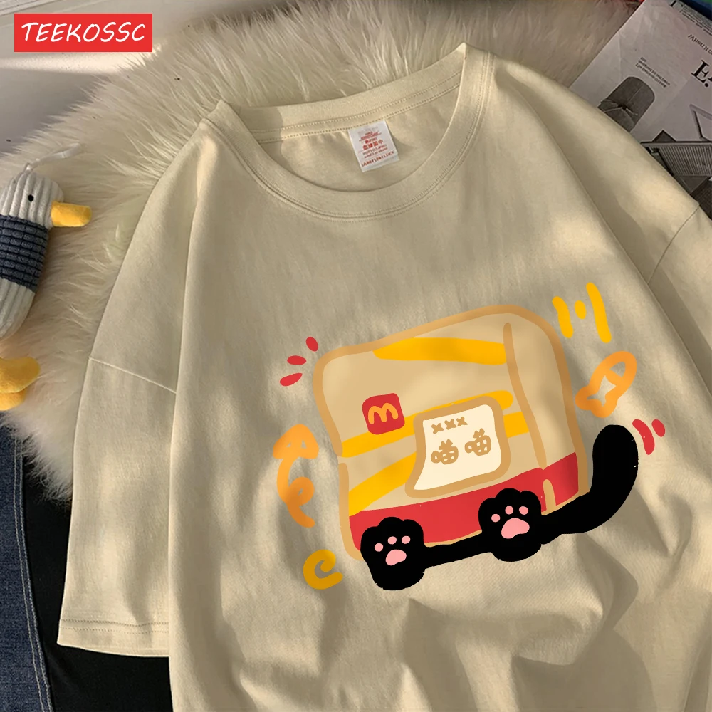 The Little Cat Covered By A Bagcotton Womens T-Shirts Cartoons Printed T Shirts Loose O-Neck Soft Tops Summer Casual Clothes