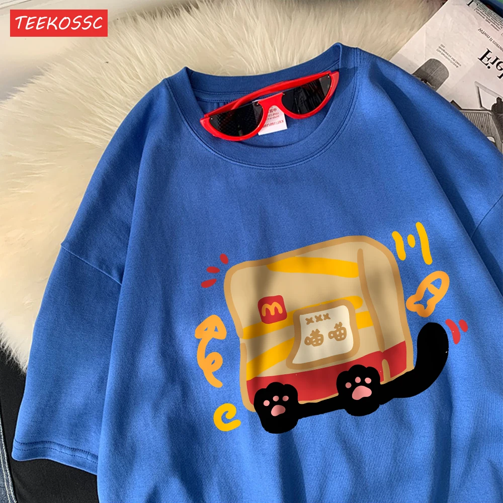 The Little Cat Covered By A Bagcotton Womens T-Shirts Cartoons Printed T Shirts Loose O-Neck Soft Tops Summer Casual Clothes