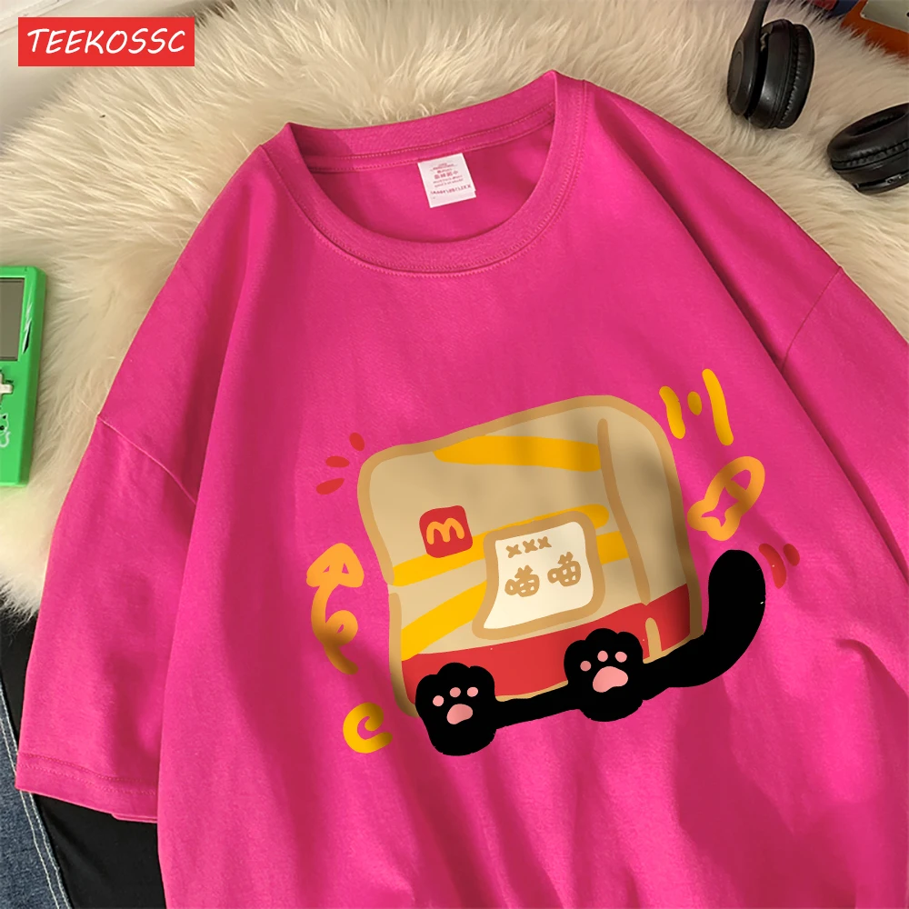 The Little Cat Covered By A Bagcotton Womens T-Shirts Cartoons Printed T Shirts Loose O-Neck Soft Tops Summer Casual Clothes
